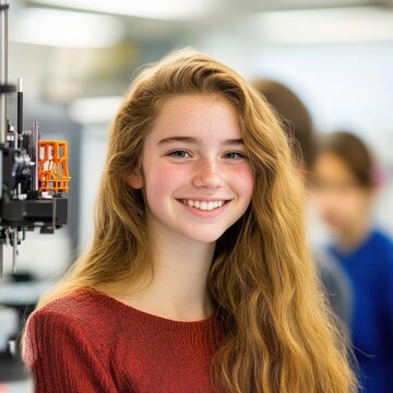 Young Girl Smiling in a Bright Classroom Environment with Technology