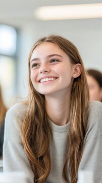 Happy Young Student Smiling in Classroom Setting with Friends Nearby