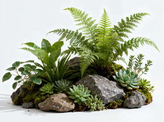 Fototapeta premium A variety of lush green succulents and delicate ferns grow together with moss and grey rocks on a clean white studio background.