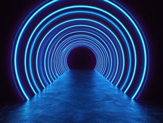 Fototapeta premium Futuristic tunnel with glowing blue neon circular rings creating a sense of depth and mystery on a textured floor