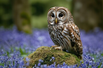 Fototapeta premium A small brown and white barred owl perched on a mossy rock surrounded by purple wildflowers in a serene forest setting