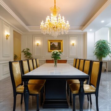 Elegant dining room interior with chandelier and stylish furniture