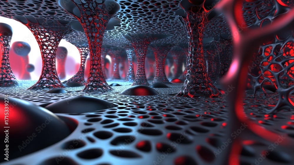 Poster intricate organic structures with red and black textures in abstract design
