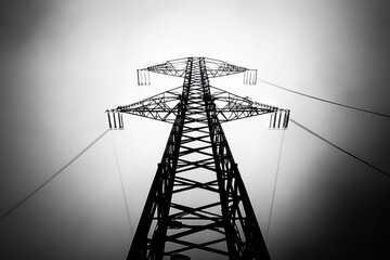 Dramatic black and white low-angle view of a towering electrical transmission tower with power lines extending into a cloudy sky
