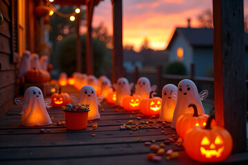 A group of tiny ghosts dressed as witches and vampires, carrying pumpkin candy buckets,celebrating halloween night