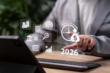 2026 Budget Management Concept, Businessman Analyzing Company Expenses, Revenue, Employee Bonus, Salary Planning, Tax Payment Strategy, Corporate Financial Control, Cost Optimization, Invoice, Cost