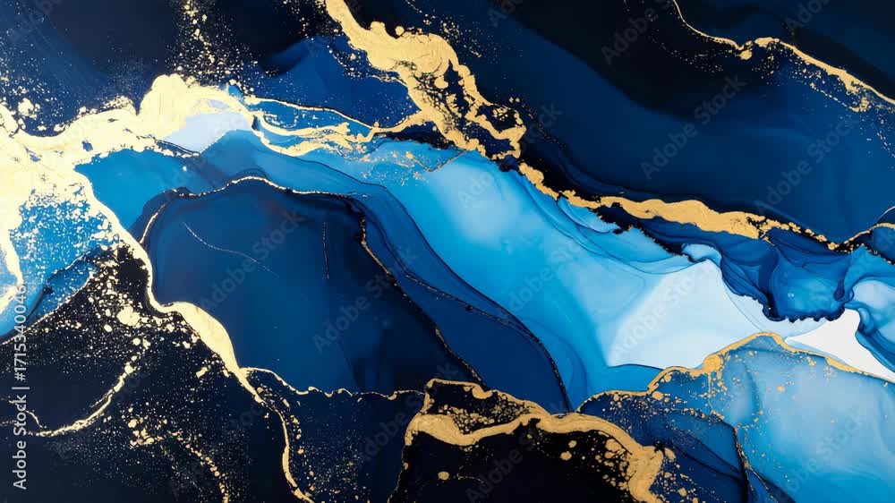 Poster abstract fluid art: dynamic swirls of deep blue and golden accents create an elegant and sophisticat