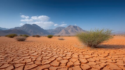 Dry Desert Landscape with Cracked Earth and Sparse Vegetation Under Blue Sky