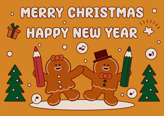 Merry Christmas and Happy New Year festive greeting with gingerbread characters dancing and holding pencils surrounded by festive decorations like Christmas trees and gifts	