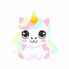 Adorable Kawaii Unicorn Illustration with Pastel Mane and Bright Eyes Perfect for Children's Designs and Enchanting Themes	
