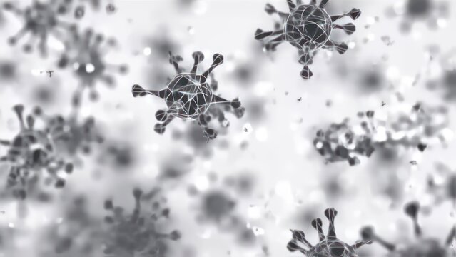 Abstract microscopic view of virus-like particles, grey and white - Powered by Adobe