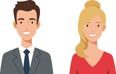 Professional man and woman headshots, smiling business people, corporate avatars, office staff portraits, formal workplace illustration