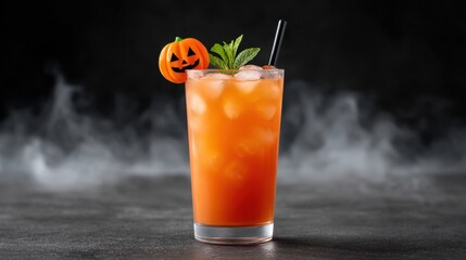 Halloween themed cocktail with pumpkin decoration and mint leaves on smoky dark background