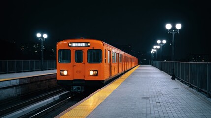 Fototapeta premium Bright Orange Train at Night on Urban Subway Platform with Yellow Line and Street Lights