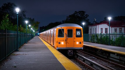Naklejka premium Bright Orange Subway Train on Nighttime Platform with Streetlights and Urban Surroundings