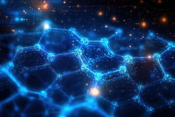 Close-up view of a glowing blue molecular structure with hexagonal and pentagonal shapes connected by spherical nodes in a dark digital environment
