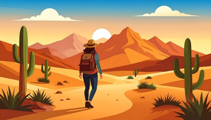 A woman hikes through a desert landscape, surrounded by vibrant cacti and majestic mountains at sunset.