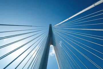 Upward view of a cable-stayed bridge with symmetrical steel cables against a clear blue sky and soft clouds, showcasing modern engineering and architectural design