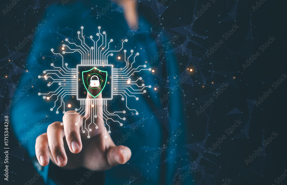 Poster cyber protection data security internet privacy internet technology concept on virtual screen.