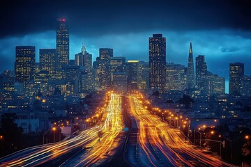 Fototapeta premium Nighttime cityscape featuring illuminated skyscrapers and busy highway with streaks of vehicle lights under cloudy blue sky