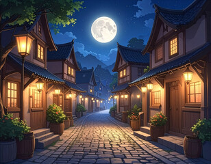 Anime-style fantasy town illuminated by moonlight, cobblestone streets, lanterns glowing warmly
