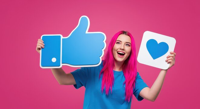 Social Media Cheer: A cheerful individual, beaming with radiant positivity, clutches social media symbols against a vivid backdrop, radiating the essence of connection.