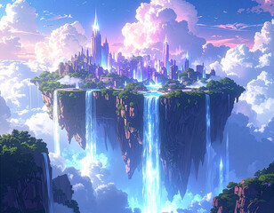 Anime-style floating city in the sky with waterfalls and glowing crystals, bright and majestic scenery
