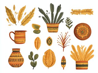 Hand-drawn botanical elements and pottery in warm hues, perfect for design projects and illustrations.
