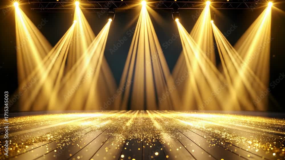 Poster stage lights illuminating an empty theater or presentation floor with golden glitters in a dynamic d