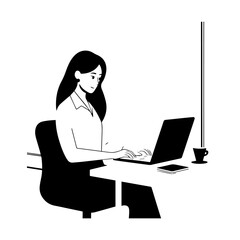 Black and white line art of a beautiful successful career woman working at desk with laptop illustration