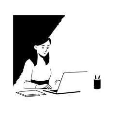 Black and white line art of a beautiful successful career woman working at desk with laptop illustration
