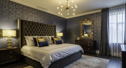 Luxurious modern bedroom with tufted velvet headboard, dark blue patterned wallpaper, elegant gold accents, sputnik chandelier, and ornate mirror.