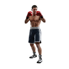 Muscular Boxer in Red Gloves and Blue Shorts Posing fighter athlete isolated on a transparent background