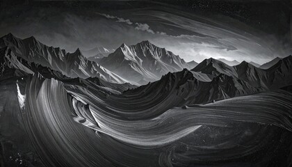 Monochrome Mountain Range Under Night Sky with Swirling Texture, Peaks, Ridges, Starry Sky, Dark, Moody Atmosphere, Landscape, Nature, Rugged