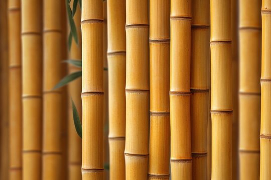 Close-up view of multiple vertical golden-yellow bamboo stalks with segments and subtle green leaves in background