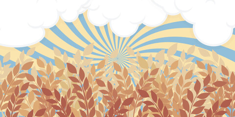 Rice ears on a swirl pattern background with white clouds on top, used for harvest design decoration.