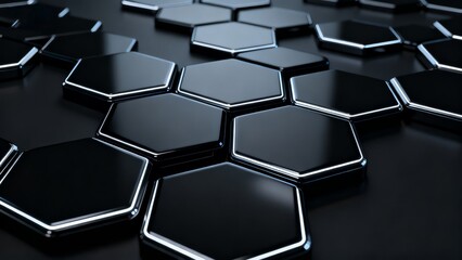 The image features a pattern of glossy black hexagonal shapes with glowing edges, suitable for use in the fields of technology, digital design, and futuristic - themed visual projects.