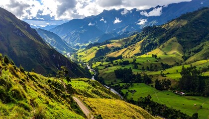 A vibrant vista of a valley nestled within towering mountains, showcasing rolling hills, lush greenery, and a winding river.