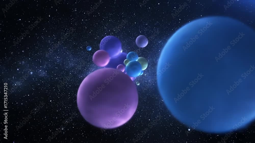 Poster seamlessly looping video of slow-moving luminous cosmic orbs gently intertwining and separating spac
