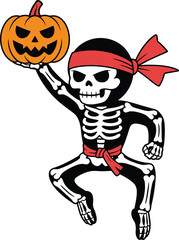 Skeleton character holding jack o lantern with red bandana