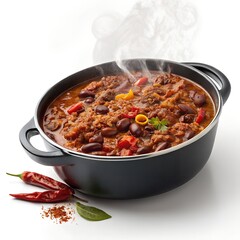A healthy and delicious hot chili con carne dish with beef, vegetables, tomato, and rice in a bowl