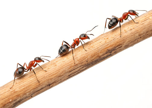 Three ants with red heads and black bodies walking on a small branch against a white background - Powered by Adobe