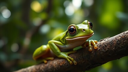 Naklejka premium Close-up portrait of a vibrant green tree frog in its lush rainforest habitat.