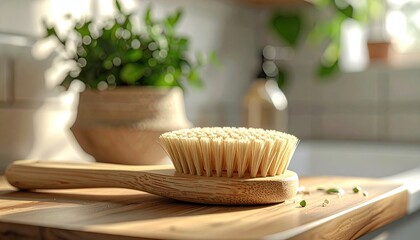 Natural Bristle Brush on Wooden Board with Indoor Plants in Background on Sunny Day