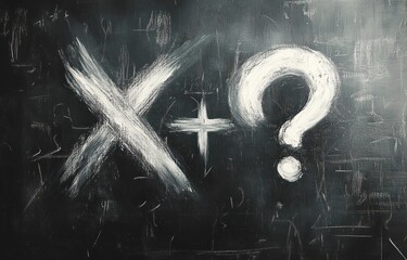 Chalkboard with large white chalk markings including a bold X, plus sign, and question mark conveying uncertainty or problem solving