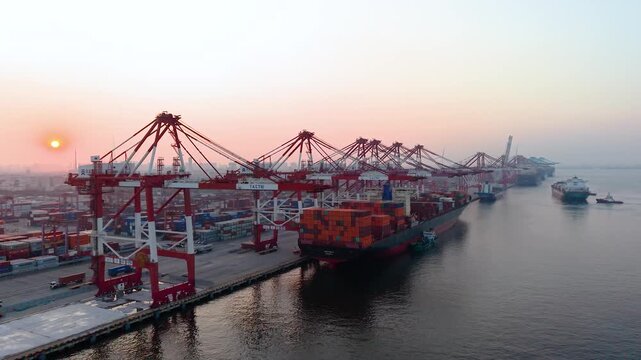 Aerial view of the cargo terminal of Tianjin Port at dusk