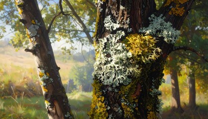 A close-up view of a tree trunk, adorned with vibrant lichen patterns in shades of yellow, white, and green, bathed in the soft sunlight of a tranquil rural scene.