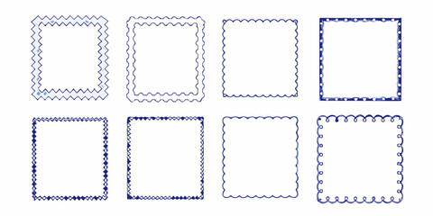 Collection of eight decorative blue hand drawn borders and frames on a white background