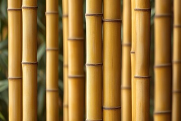 Fototapeta premium Close-up of multiple upright yellow bamboo stalks with visible nodes and natural texture, blurred green foliage background
