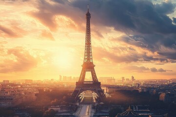 Eiffel Tower towering over Paris cityscape during vibrant sunset with dramatic clouds and warm golden light illuminating the skyline
